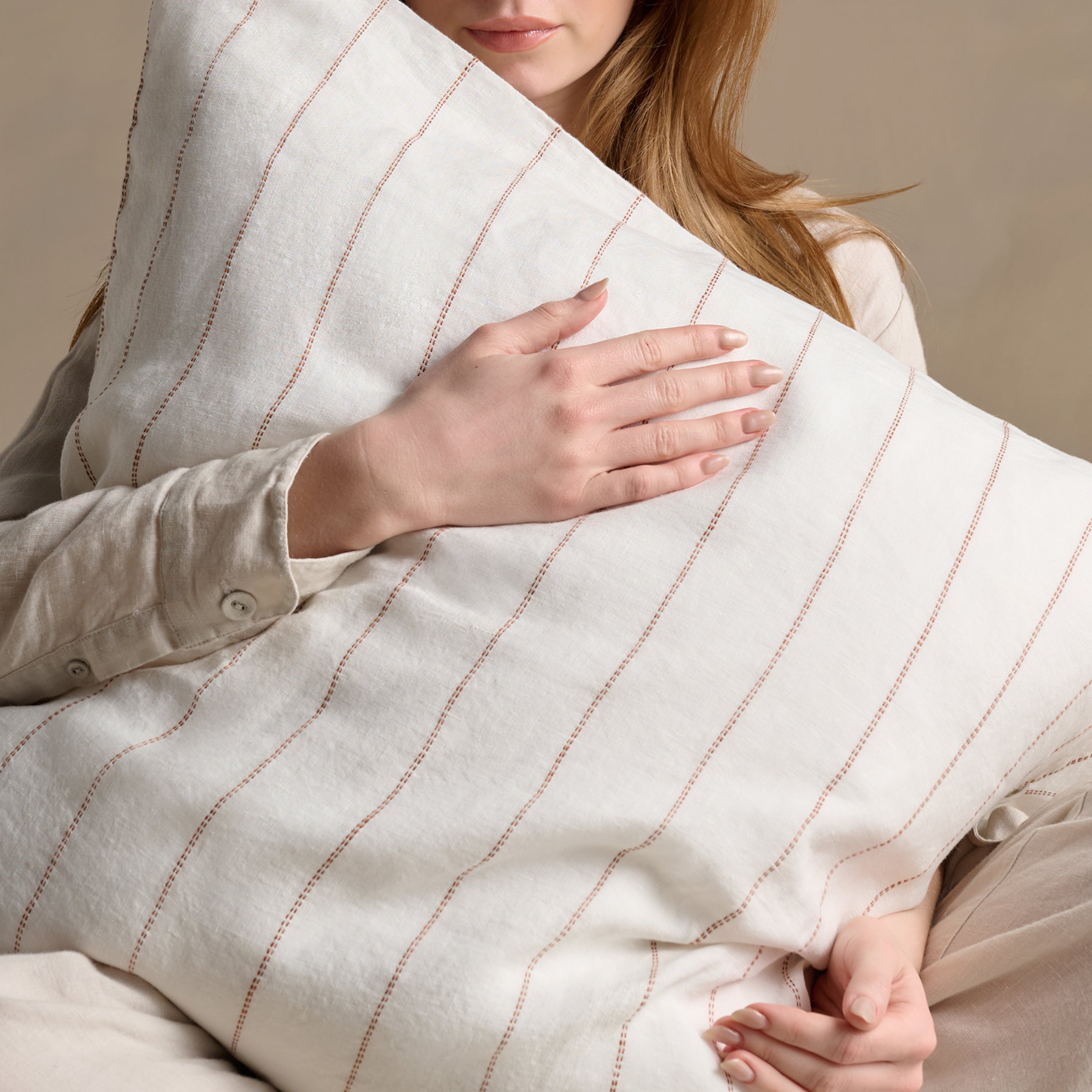Linen Square Pillowcase Pair - Nutmeg Pinstripe