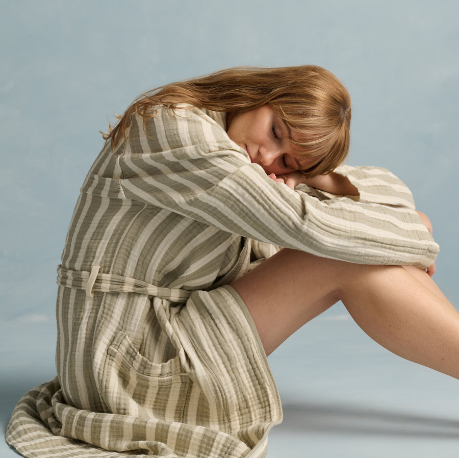The Dream Cotton Robe in Sage Stripe by Bedfolk