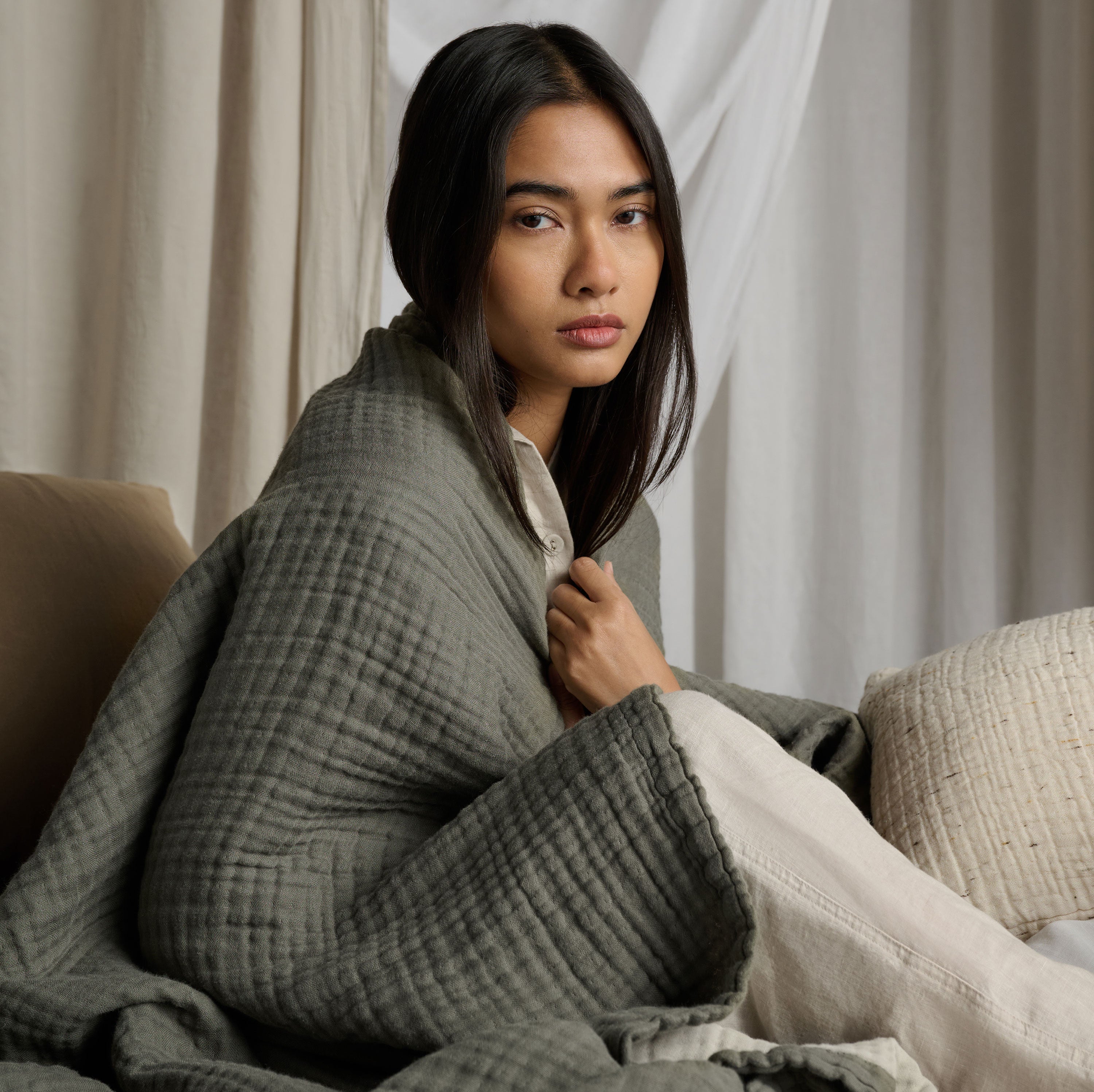The Reversible Dream Cotton Throw - Moss / Clay