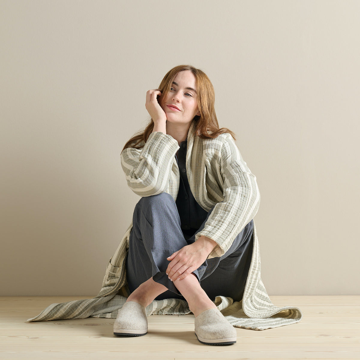 Dreamers Robe The Dream Cotton Robe in Sage Stripe by Bedfolk