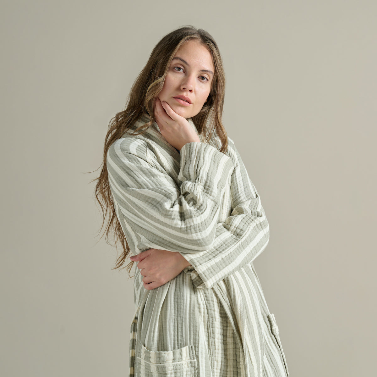 Dreamers Robe The Dream Cotton Robe in Sage Stripe by Bedfolk