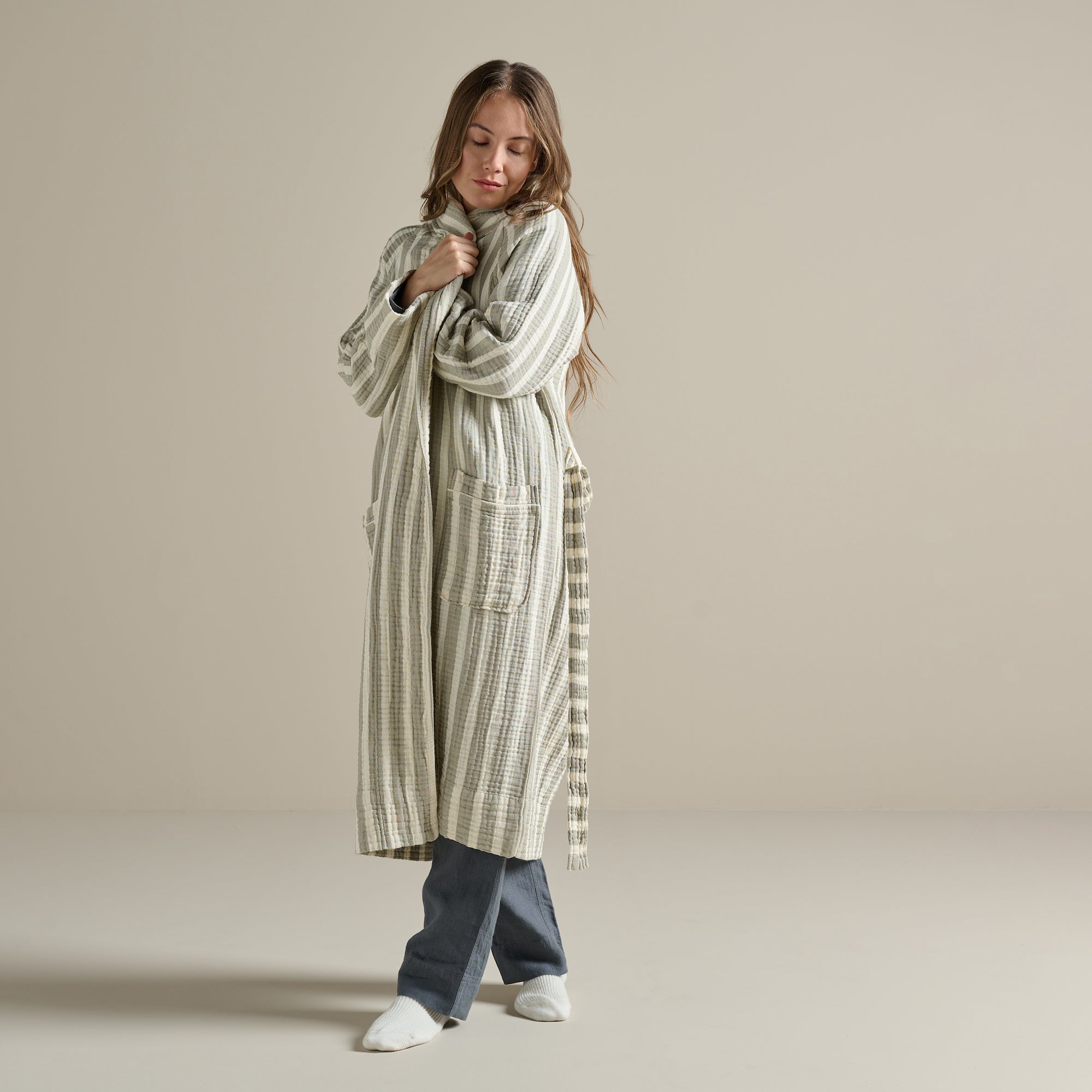 The Dream Cotton Robe - Sage Stripe